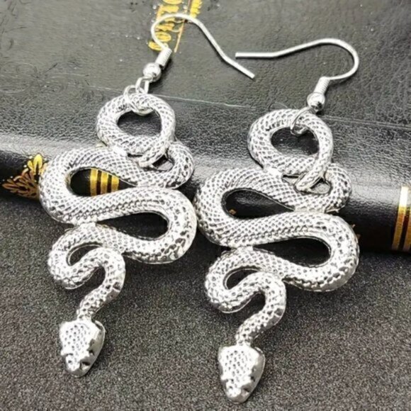 Silver Metallic Snake Design Dangle Earrings, Gothic Punk Style - Picture 1 of 2